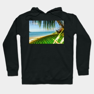 Tropical beach scene with palm fronds. Hoodie